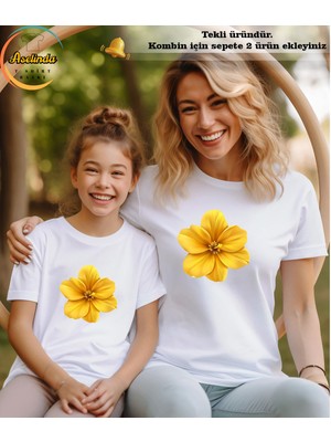 Aselinda Sarı Çiçek Baskılı Bisiklet Yaka Anne-Kız Kombin Tişört (Kombin Yapmak Için 2 Ürün Ekleyiniz)