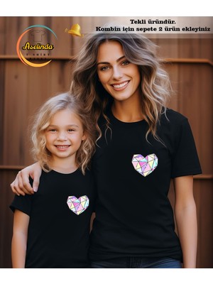 Aselinda Elmas Kalp Baskılı Anne-Kız Kombin Tişört (Kombin Yapmak Için 2 Ürün Ekleyiniz)
