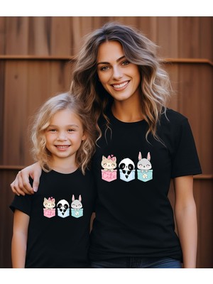 Aselinda Sevimli Hayvanlar Baskılı Anne-Kız Kombin Tişört (Kombin Yapmak Için 2 Ürün Ekleyiniz)