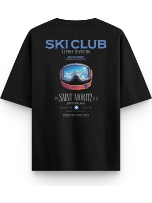Overoz Ski Club Kayak Snowboard Sırt Baskılı Yarı Oversize Siyah Tshirt 1409