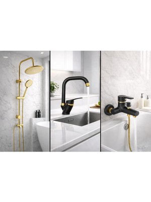 Gold Yuvarlak Robot Seti, Siyah Gold Banyo, Lavabo, Mutfak Bataryası Çeşmesi 3’lü Set
