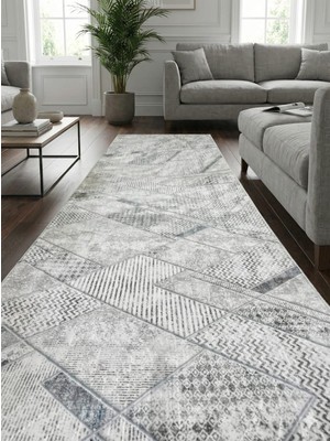 Nesrin Jel Kaymaz Taban Kesme Halı Yolluk Gri Beyaz Desenli Makinede Yıkanabilir