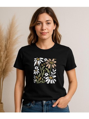 Aselinda Kadın Günlük Çiçek Baskılı Kısa Kollu Tişört, Grafik Tişörtler, Kadın Üstleri