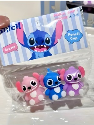 ÖZ OFİS Stitch Hem Kalem Başlığı Hem Silgi Ikisi Bir Arada Silgi ve Kalem Süsü (3’lü Set)