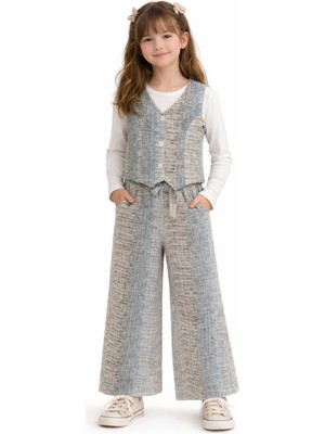 İrem Çocuk Giyim Kız Çocuk Renk Geçişli Yelek Beli Kuşaklı Pantolon Uzun Kol Badili Mavi Renk Üçlü Şık Oversize Takım