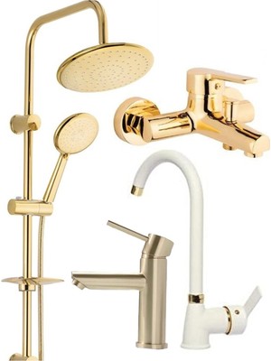 Fulcie Armatür Robot Duş Sistemi Gold Banyo Beyaz Mutfak Eviye Gold Kartal Lavabo Musluğu Bataryası
