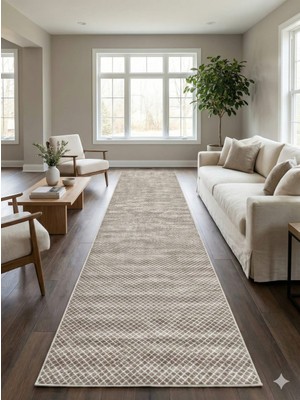 Nesrin Jel Kaymaz Taban Kesme Halı Yolluk Kahve Beyaz Kareli Makinede Yıkanabilir