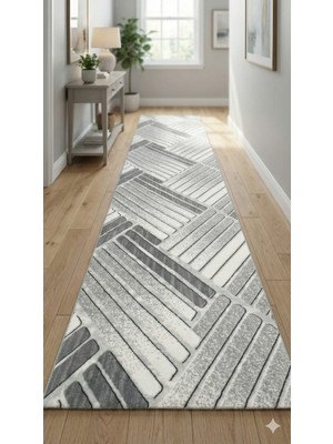 Nesrin Jel Kaymaz Taban Kesme Halı Yolluk Gri Şerit Sütun Makinede Yıkanabilir