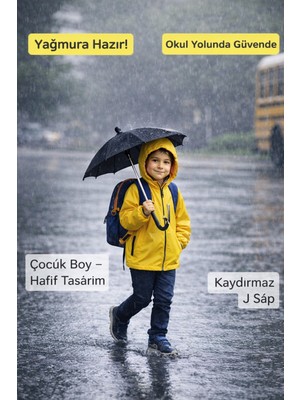 Twotwo Siyah Çocuk Şemsiyesi | 8 Telli Dayanıklı – Kaydırmaz J Sap – Okul İçin Hafif Model-Su itici Kumaş