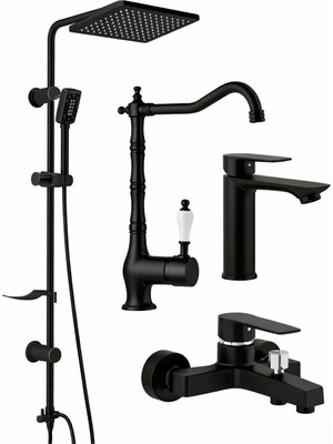 Fulcie Aurum Luxe 4’lü Set - 4’lü Siyah Rustik Banyo & Mutfak Seti | Robot Duş + Lavabo + Eviye + Banyo