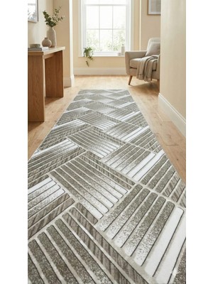 Nesrin Jel Kaymaz Taban Kesme Halı Yolluk Açık Kahve Şerit Sütun Makinede Yıkanabilir