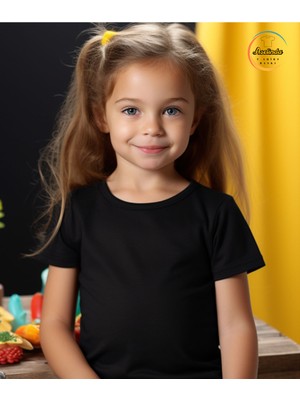 Aselinda Unisex Bisiklet Yaka Baskısız Düz Siyah Basic Çocuk T-Shirt-Çoçuk Tişört