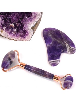 Normadia Ametist Taşı Roller Masaj Aleti ve Guasha Taşı Seti, Doğal Rahatlatıcı
