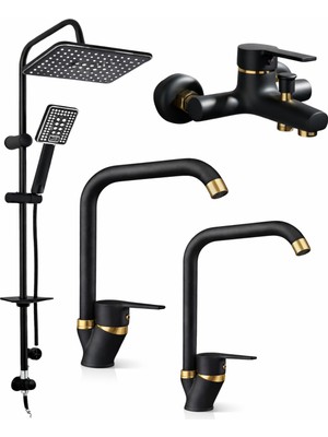 Siyah Duş Set Yağmurlama Eviye Banyo Lavabo Batarya Lüks Tasarım 4lü Set L Borulu Baston Modern Set
