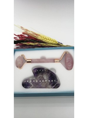 Normadia Doğal Pembe Kuvars ve Ametist Masaj Taşı Seti, Gua Sha ve Roller