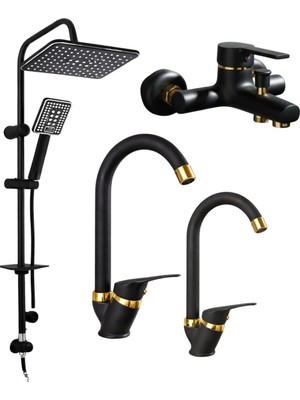 Musluq Armatür Kare Gold Duş Başlığı-Duş Seti Banyo Baston Siyah L Boru 4lü Lüks Seri