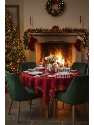Çt Çeyizci Tekstil Desenli Dertsiz Leke Tutmaz Dantelli Masa Örtüsü, 160X220CM - Kırmızı Yılbaşı Konsept
