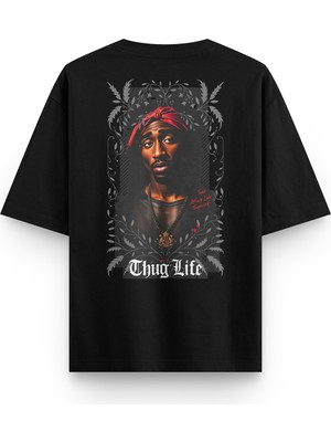 Overoz Tupac 2pac Sırt Baskılı Yarı Oversize Siyah Tshirt 1407