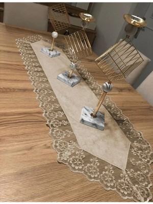Çt Çeyizci Tekstil Kadife Dantel Detaylı Runner 140X40CM Krem