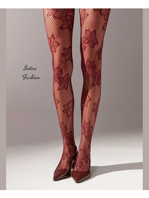 Intive Lingerie Intive Fashion Jane Büyük Çiçek Desenli File Modern Külotlu Çorap (Bordo-Siyah)