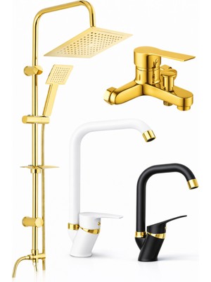 Musluq Gold Duş Sistemi + Siyah-Beyaz Kuğ Köşe Borulu Gold Mutfak-Lavabo Bataryası Seti-4lü Set