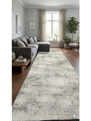 Nesrin Jel Kaymaz Taban Kesme Halı Yolluk Gri Kendinden Desenli Makinede Yıkanabilir