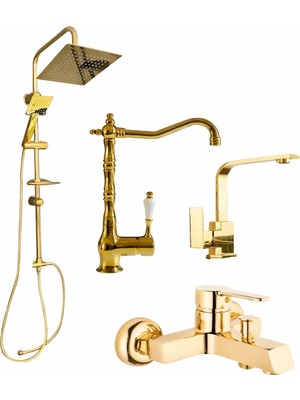 Musluq Gold Robot Golt Rustik Eviye Bataryası-Kare Lavabo Bataryası 4’lü Altın Gold Set