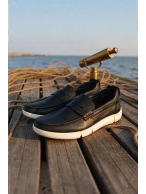 Enoch Hakiki Deri Siyah Klasik Maskaretli Beyaz Tabanlı Erkek Loafer