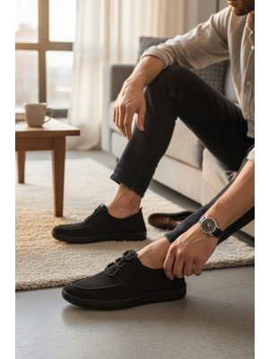 Enoch Hakiki Deri Siyah Tam Lazer Kesim Nefes Alan Lastikli Comfort Ayakkabı