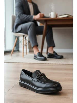 Enoch Hakiki Deri Siyah Toka Detaylı Bağcıksız Erkek Loafer