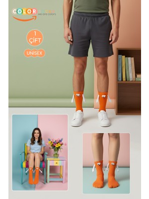 Color Socks Turuncu El Ele Tutuşan Gözlü Mıknatıslı Soket Çorap Seti Düz Desenli Unisex