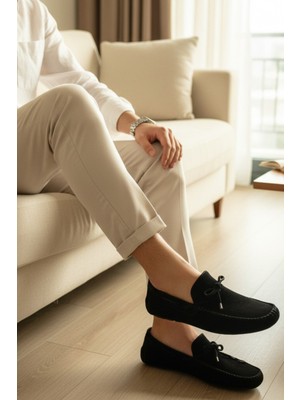 Enoch Hakiki Deri Siyah Süet Bağcık Detaylı Erkek Loafer