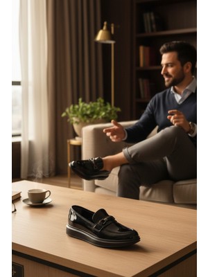 Enoch Hakiki Deri Siyah Rugan Metal Tokalı Erkek Loafer