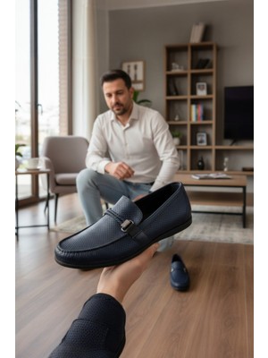 Enoch Hakiki Deri Lacivert Tam Lazer Kesim Bağcıksız Erkek Comfort Ayakkabı