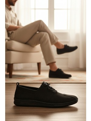 Enoch Hakiki Deri Siyah Bağcıklı ve Esnek Lastik Detaylı Comfort Ayakkabı