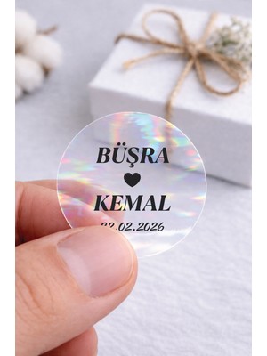 Woisco Kişiye Özel Nişan Düğün Etiketi - Şeffaf Hologram Etiket / Şeffaf Hologramlı Sticker 3x3 (80 Adet)