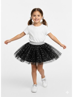Dudese Kız Çocuk Siyah Yıldızlı Tül Tütü Etek - Gümüş Simli Bel Detaylı