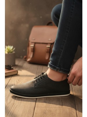 Enoch Hakiki Deri Inci Lazer Kesim Delikli ve Hasır Detaylı Erkek Casual Ayakkabı