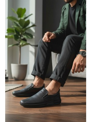 Enoch Hakiki Deri Siyah Lastikli Günlük Erkek Comfort Ayakkabı