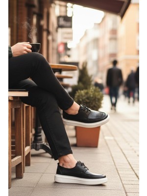 Enoch Hakiki Deri Siyah Beyaz Kalın Tabanlı Bağcıklı Comfort Erkek Ayakkabı