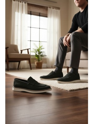 Enoch Hakiki Deri Babet Kontrast Beyaz Tabanlı Bağcıksız Erkek Loafer