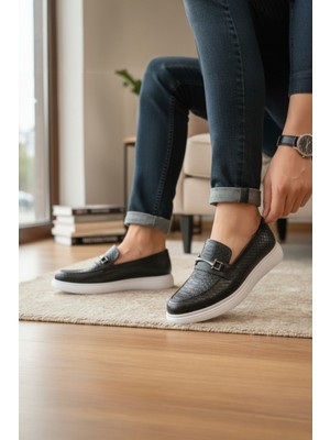 Enoch Hakiki Deri Yılan Derisi Desenli ve Tokalı Kontrast Beyaz Tabanlı Erkek Loafer