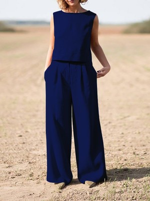 Keten Günlük Rahat  Kolsuz  Alt Üst Kadın Takım