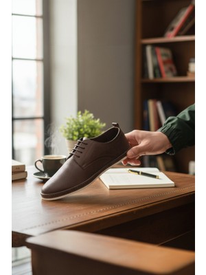 Enoch Hakiki Deri Inci Lazer Kesim Delikli ve Hasır Detaylı Erkek Casual Ayakkabı