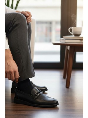 Enoch Hakiki Deri Siyah Toka Detaylı Bağcıksız Erkek Comfort Ayakkabı
