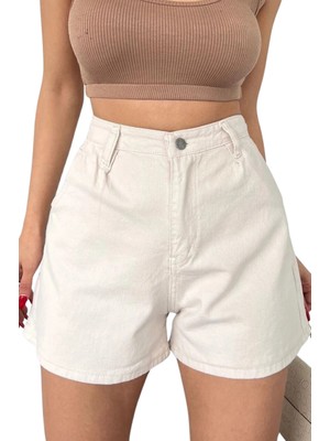 Mini Denim Şort Cepli  -Krem