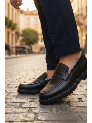 Enoch Hakiki Deri Yüksek Taban Siyah Klasik Maskaretli Bağcıksız Erkek Loafer