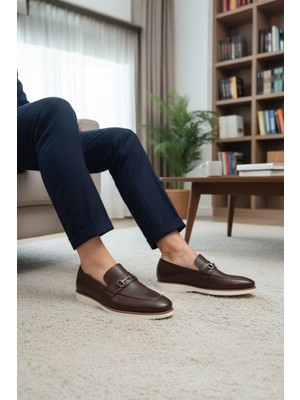 Enoch Hakiki Deri Kahverengi Metal Tokalı Bağcıksız Erkek Comfort Ayakkabı
