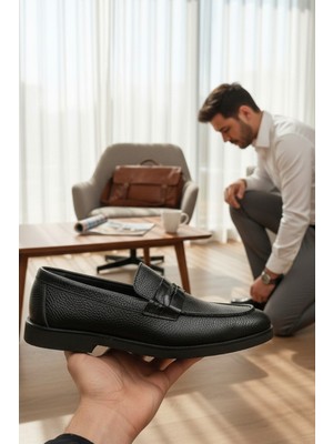 Enoch Hakiki Deri Siyah Dokulu Bağcıksız Erkek Klasik Loafer