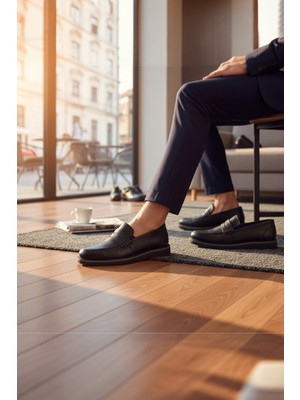 Enoch Hakiki Deri Şeritli Siyah Klasik Maskaretli Bağcıksız Erkek Loafer